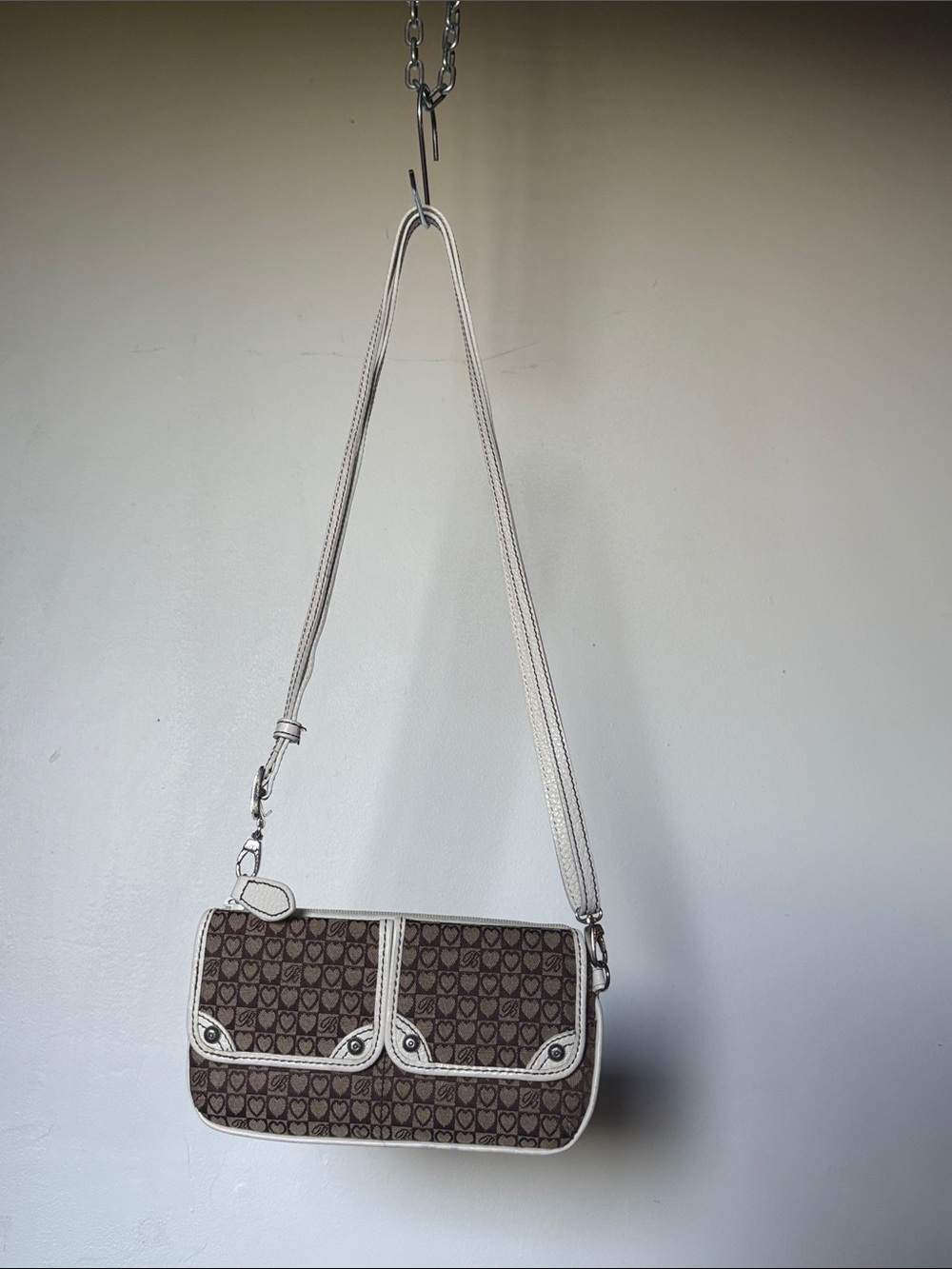 Brighton Brown Heart Jacquard Crossbody with White Trim Leather and Gift Bag